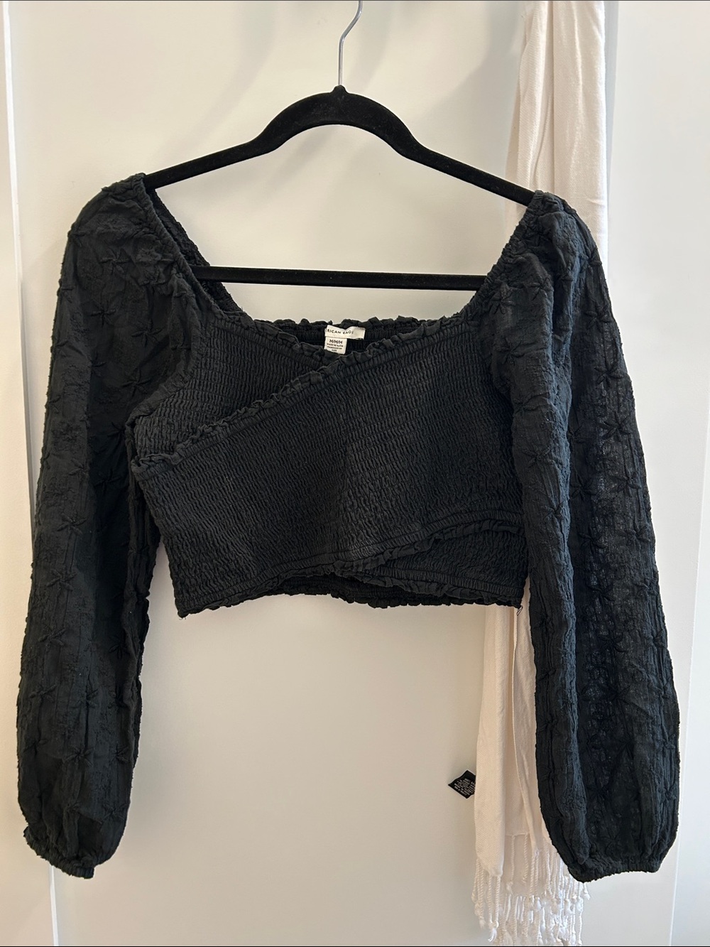 American Eagle Outfitters Black Smocked Cropped Long-Sleeve Top